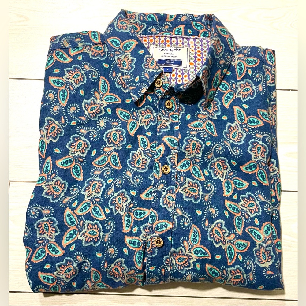 OndadeMar mens 100% Linen blue‎ paisley button down w/wooden buttons size Large